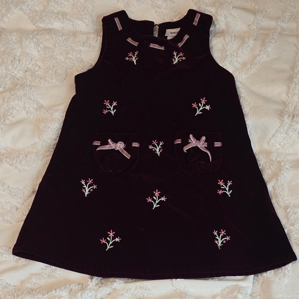Youngland Burgandy Velvet-feel Toddler Dress W/ Pink Embroidery, Size 4 (1205)